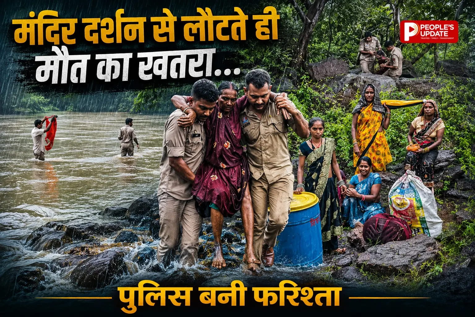 तुरतुरिया मंदिर में बाढ़ से घिरे 250 श्रद्धालु, पुलिस ने कंधे पर उठाकर कराया रेस्क्यू