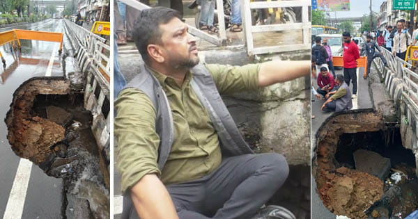 भोपाल में बोर्ड ऑफिस चौराहे पर सड़क धंसी, 10 फीट चौड़ा गड्ढा, बड़ा हादसा टला; धरने पर बैठे कांग्रेस नेता