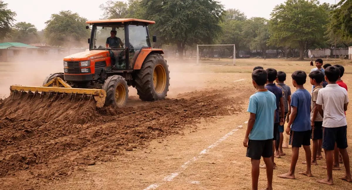 सरपंच के बेटे ने खेल के मैदान में घुसाया ट्रैक्टर