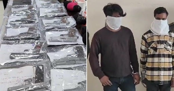 बुरहानपुर में 14 अवैध पिस्टल के साथ 2 आरोपी गिरफ्तार, पाचौरी से खरीदे थे हथियार, ट्रेन से ग्वालियर जाने की तैयारी में थे तस्कर