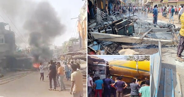 धार में हादसा : ट्रांसफार्मर से टकराया टैंकर, गाड़ियों में लगी आग, 2 की मौके पर मौत