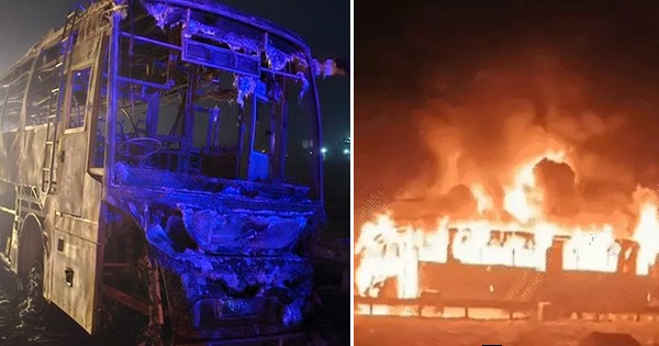 हरियाणा में चलती बस में लगी आग : 9 श्रद्धालु जिंदा जले, 20 से ज्या दा घायल; मथुरा-वृंदावन से लौटते समय एक्सप्रेस-वे पर हुआ हादसा