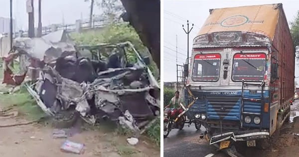 अलीगढ़ में भीषण हादसा : कार और कैंटर की भिड़ंत में 5 की मौत, चकनाचूर हुई कार