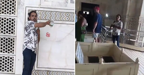 VIDEO : ताजमहल में 2 युवकों ने चढ़ाया जल... चिपकाया ओम, कहा- हर-हर महादेव; दावा- ये तेजोमहालय शिव मंदिर; CISF ने पकड़ा