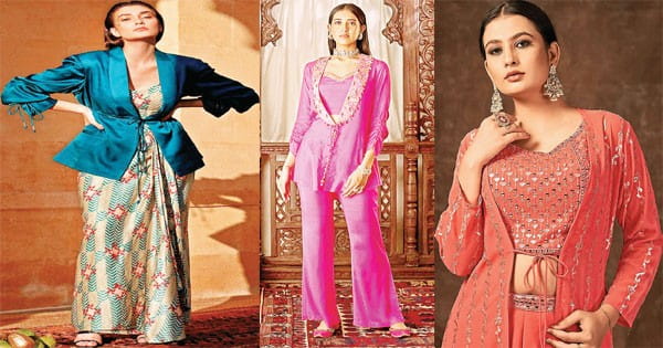 क्रॉप टॉप विद जैकेट और एथनिक लुक में बस्टियर पैंट सूट का ट्रेंड
