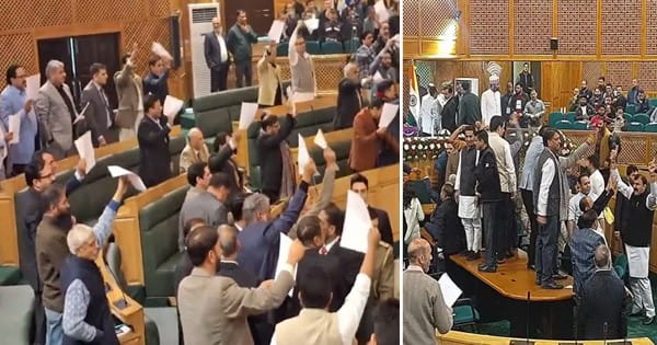 हंगामे के बीच जम्मू-कश्मीर विधानसभा में 370 बहाली का प्रस्ताव पारित, सदन में गूंजे 'जय श्री राम' के नारे, भाजपा विधायकों ने फाड़ीं प्रतियां