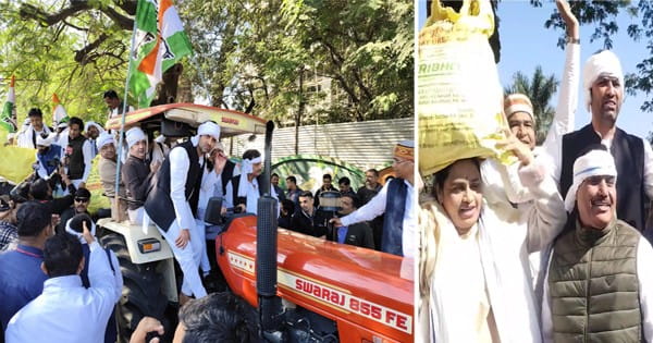 भोपाल में कांग्रेस का प्रदर्शन : हाथों में खाद की बोरियां लेकर सड़क पर उतरे कांग्रेसी, ट्रैक्टर रैली को पुलिस ने रोका