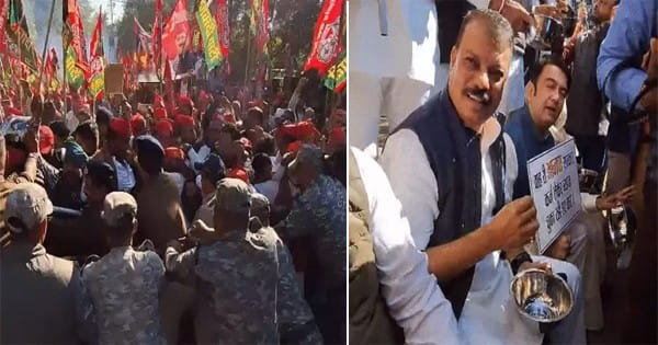 महिला सुरक्षा, किसान और बेरोजगारी को लेकर सपा का विधानसभा घेराव की कोशिश, कटोरा लेकर पहुंचे कांग्रेस कार्यकर्ता