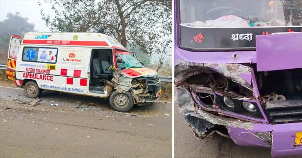 Khandwa News : कोहरे के कारण बस और जननी एक्सप्रेस की टक्कर, एंबुलेंस का अगला हिस्सा बुरी तरह क्षतिग्रस्त