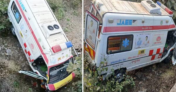 Raisen News : मरीज को ले जा रही एंबुलेंस 12 फीट नीचे खाई में गिरी, दंपति की मौत, बेटा समेत स्टाफ घायल