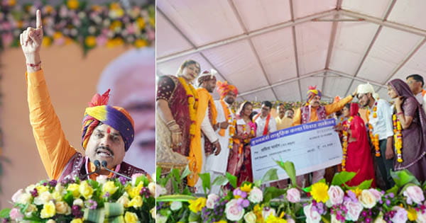 झाबुआ : CM ने खुद को नववधुओं का भाई बताते हुए कहा- यहां शादियों का महासागर नजर आ रहा, जोड़ों पर की पुष्प वर्षा