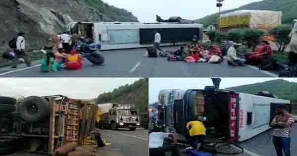 बिजासन घाट पर पलटी यात्री बस : 16 से ज्यादा लोग घायल, आलू से भरे ट्रक ने पीछे से मारी टक्कर