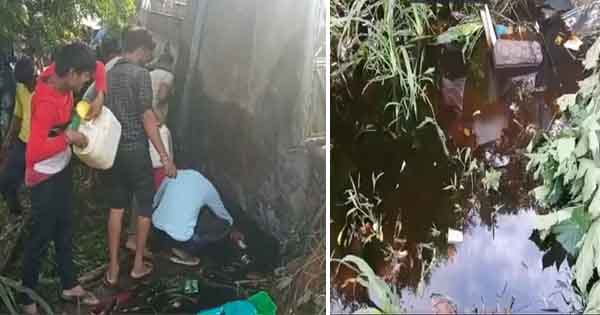तेज रफ्तार तेल टैंकर पलटा... ग्रामीणों में तेल लूटने की मची होड़, देखें VIDEO