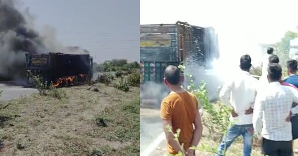 उज्जैन-इंदौर रोड पर अग्निकांड, चलते ट्रक में लगी आग; ड्राइवर क्लीनर ने कूदकर बचाई जान, देखें VIDEO