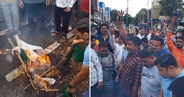 इंदौर : हरियाणा में शोभा यात्रा के दौरान हुए विवाद के विरोध में बजरंग दल का प्रदर्शन, नारेबाजी कर किया पुतला दहन; देखें VIDEO