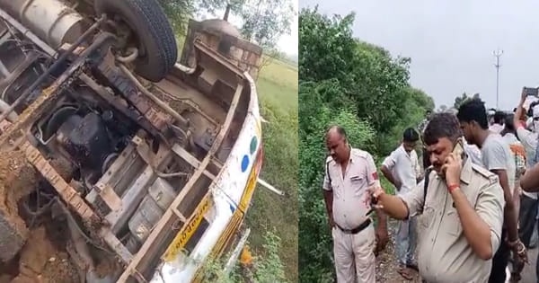 VIDEO : भिंड में अनियंत्रित होकर बस पलटी, महिला-बच्चे सहित 15 लोग घायल