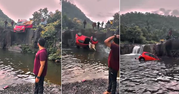 VIDEO : रौंगटे खड़े कर देने वाला हादसा... लोधिया कुंड में गिरी कार, पिकनिक मनाने गया था परिवार; लोगों ने बचाई पिता और बेटी की जान