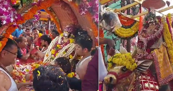 VIDEO : भादो मास के आखिरी सोमवार निकली महाकाल की शाही सवारी, चंद्रमौलेश्वर स्वरूप में दिए दर्शन; शिप्रा घाट पर ज्योतिरादित्य सिंधिया ने किया भगवान का अभिषेक