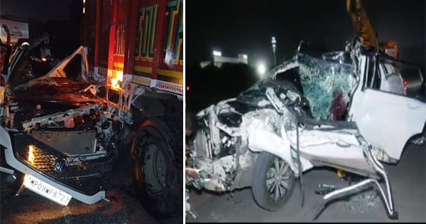इंदौर : तेज रफ्तार कार ट्रक में पीछे से जा घुसी, दो की मौके पर मौत, तीन गंभीर घायल; ढाबे से खाना खाकर लौट रहे थे युवक-युवती