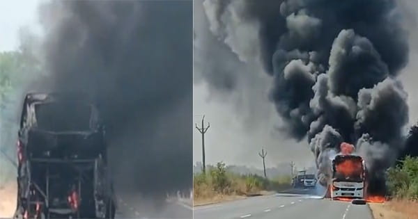 सागर-भोपाल हाईवे पर चार्टर्ड बस में लगी आग, सभी यात्री सुरक्षित; देखें VIDEO