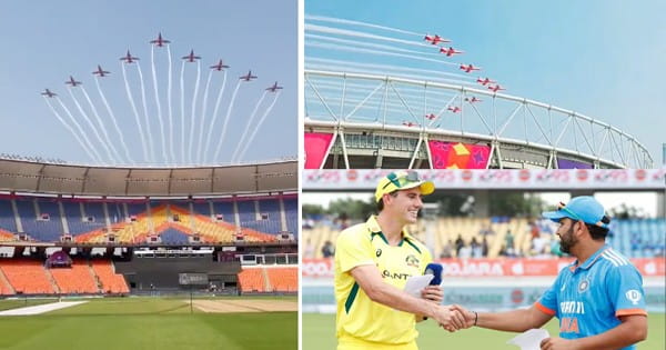 World Cup Final 2023 : फाइनल मैच से पहले इंडियन एयरफोर्स की सूर्य किरण टीम दिखाएगी हवाई करतब, नरेंद्र मोदी स्टेडियम के ऊपर हुई एयर शो की रिहर्सल, देखें VIDEO