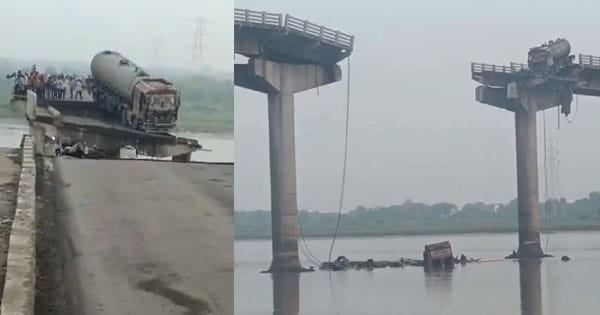 गुजरात : वडोदरा में महिसागर नदी पर बना 45 साल पुराना पुल टूटा, कई वाहन गिरे; ट्रक लटका, 2 की मौत