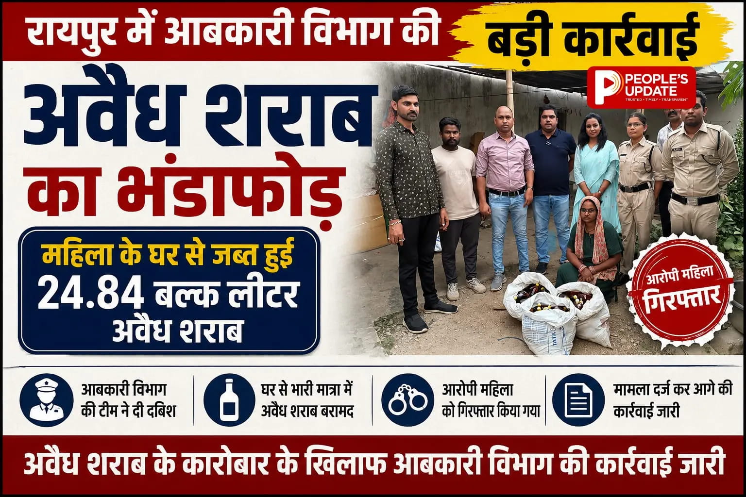 रायपुर में आबकारी विभाग की बड़ी कार्रवाई: महिला के घर से 24.84 बल्क लीटर अवैध शराब जब्त, आरोपी गिरफ्तार।