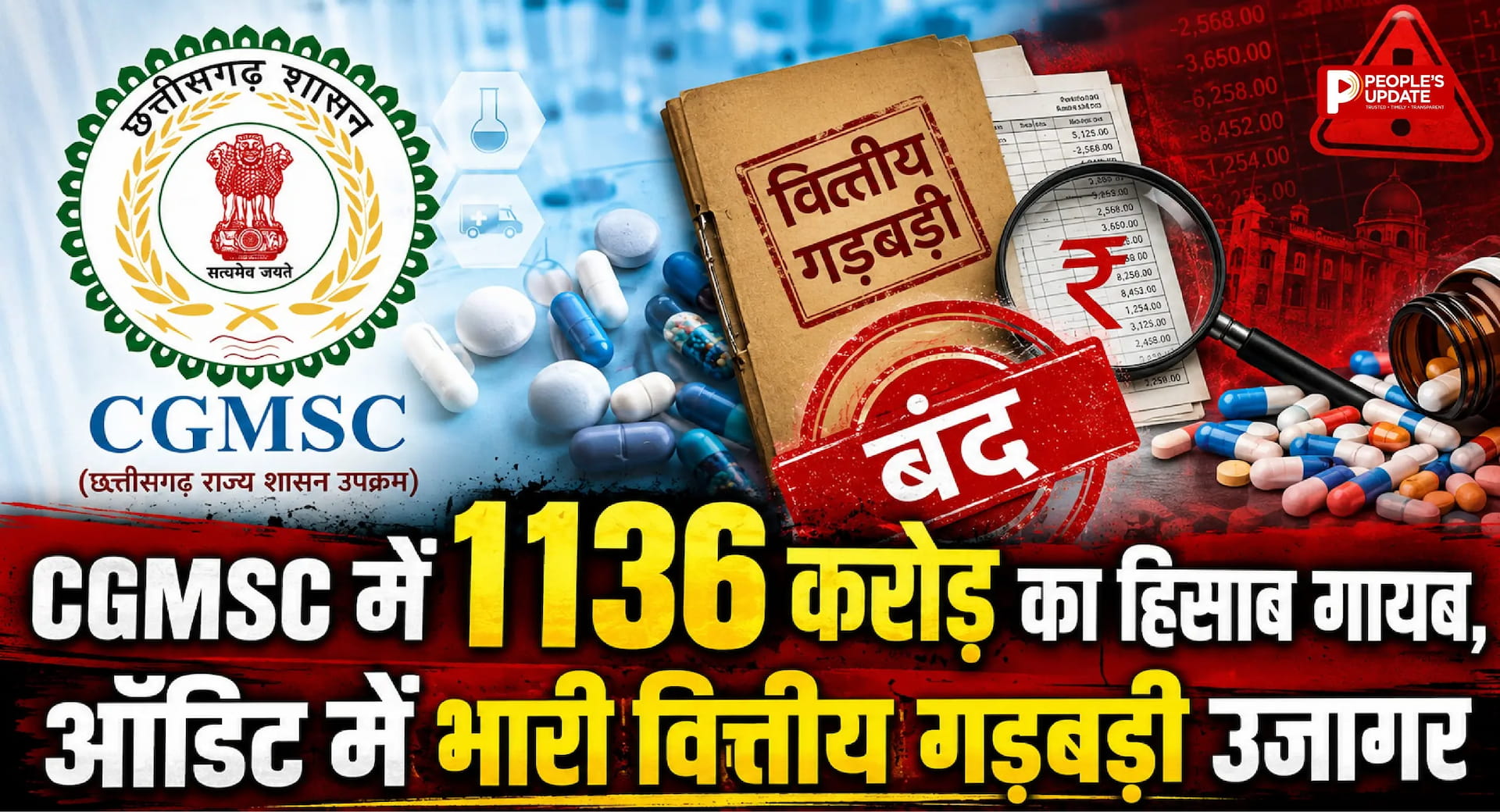 CGMSC ऑडिट में 1136 करोड़ का हिसाब गायब! दवा खरीदी, मेडिकल उपकरण और निर्माण कार्य में भारी वित्तीय गड़बड़ी उजागर।