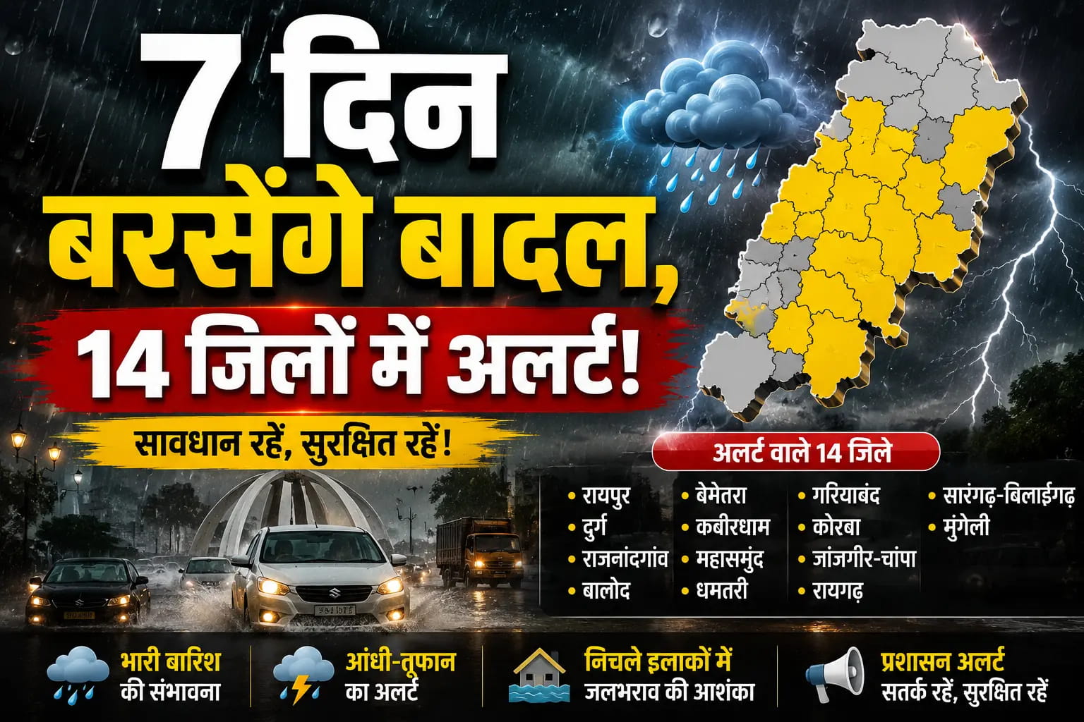 छत्तीसगढ़ में मानसून का जोरदार आगाज: अगले 7 दिन झमाझम बारिश, 14 जिलों में यलो अलर्ट जारी