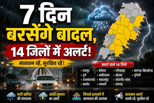 छत्तीसगढ़ में मानसून का जोरदार आगाज: अगले 7 दिन झमाझम बारिश, 14 जिलों में यलो अलर्ट जारी