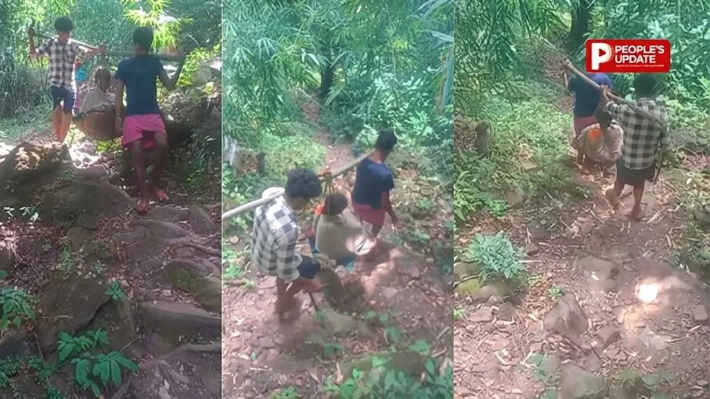 बस्तर में सड़क के अभाव की दर्दनाक तस्वीर,बीमार महिला को कांवड़ में उठाकर पहाड़ से उतार रहे ग्रामीण