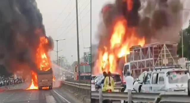 नवले ब्रिज के पास ट्रक का ब्रेक फेल, कार में लगी भीषण आग; 8 की मौत