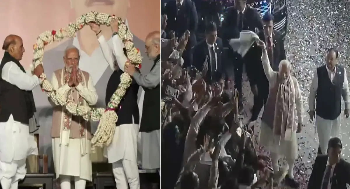 गमछा लहराते ही कार्यकर्ताओं में उमड़ा जोश, ‘भारत माता की जय’ से गूंजा भाजपा मुख्यालय