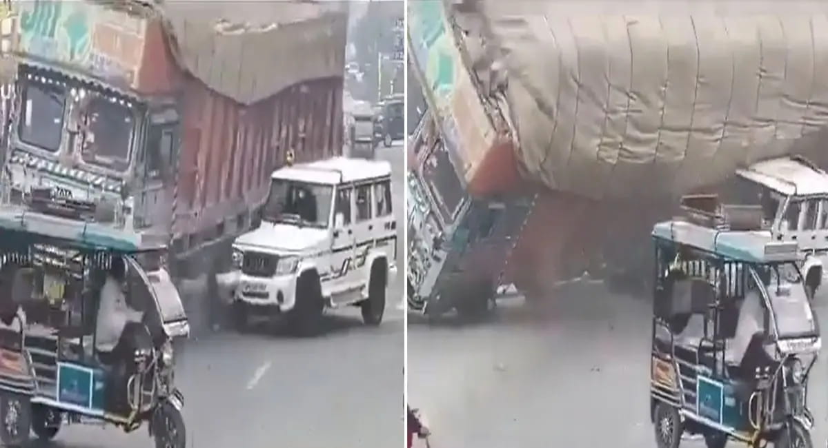बोलेरो पर पलटा भूसे से भरा ट्रक, चालक की मौत; VIDEO VIRAL