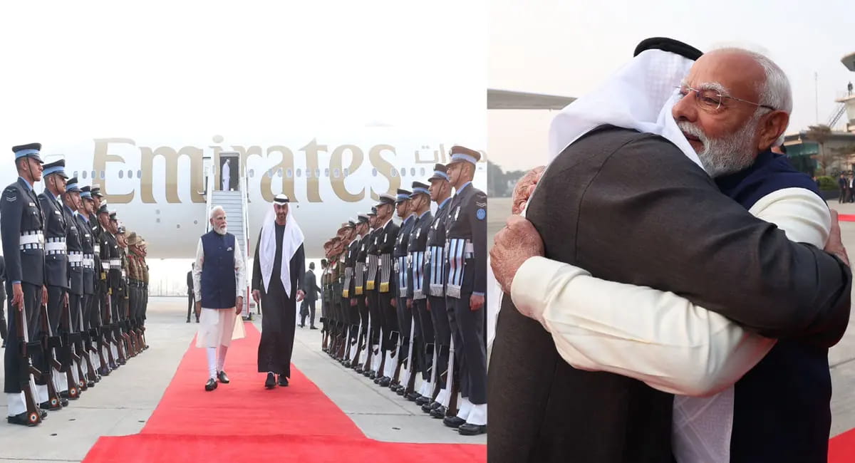 UAE के राष्ट्रपति शेख मोहम्मद बिन जायद पहुंचे दिल्ली, पीएम मोदी ने एयरपोर्ट पर गले लगाकर किया स्वागत