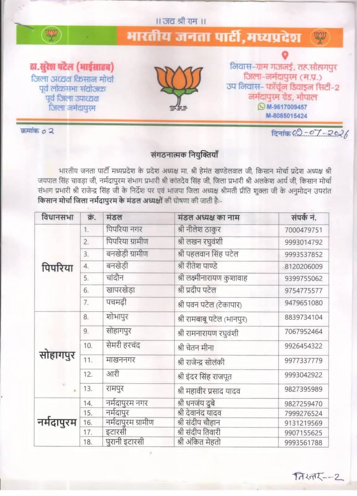 भाजपा किसान मोर्चा के नगर मंडल अध्यक्ष बने संदीप तिवारी, संगठन ने जताया भरोसा