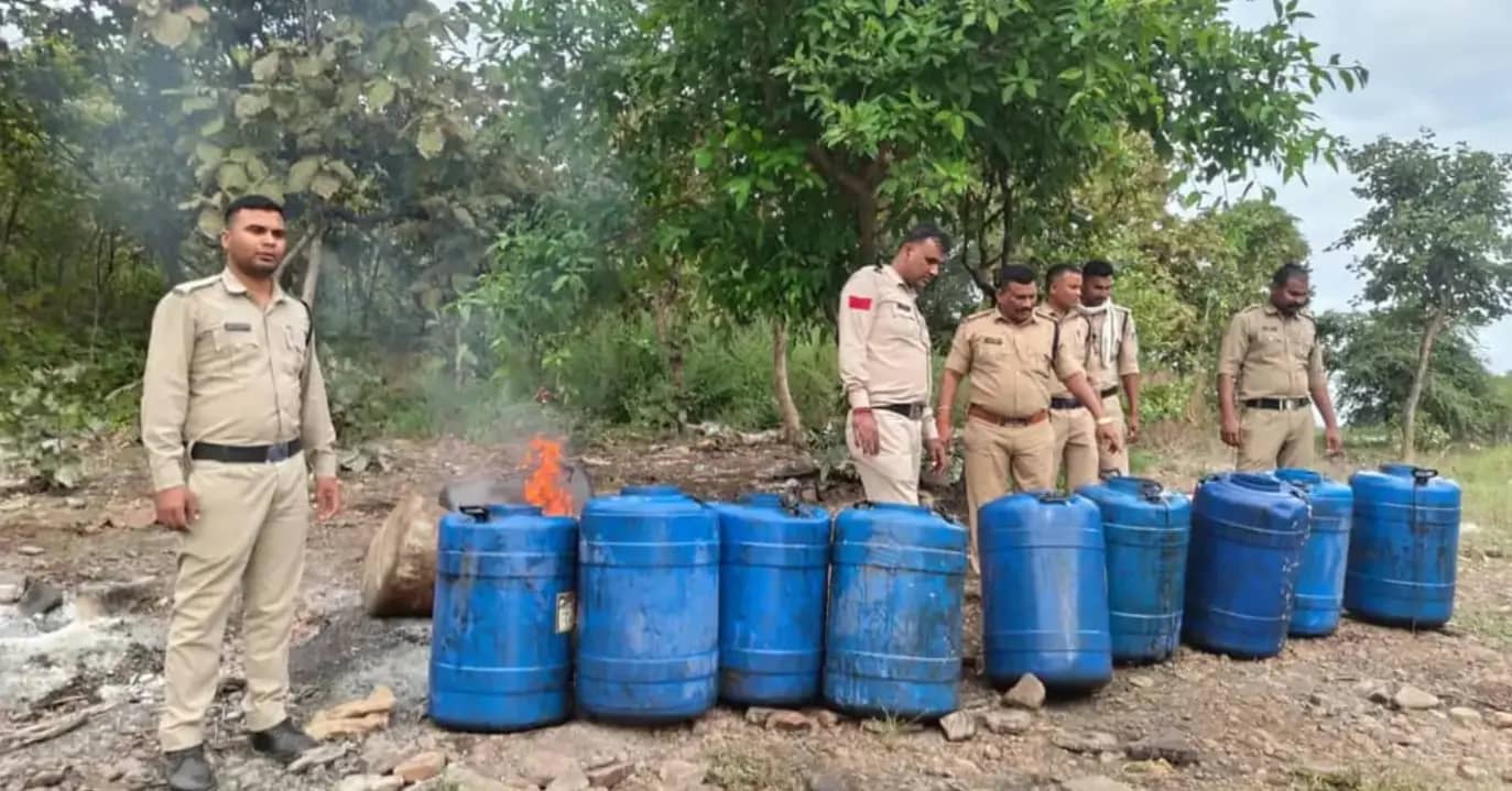 हरसूद में अवैध शराब के अड्डों पर पुलिस का छापा, जंगलों से 6 हजार लीटर महुआ लहान नष्ट