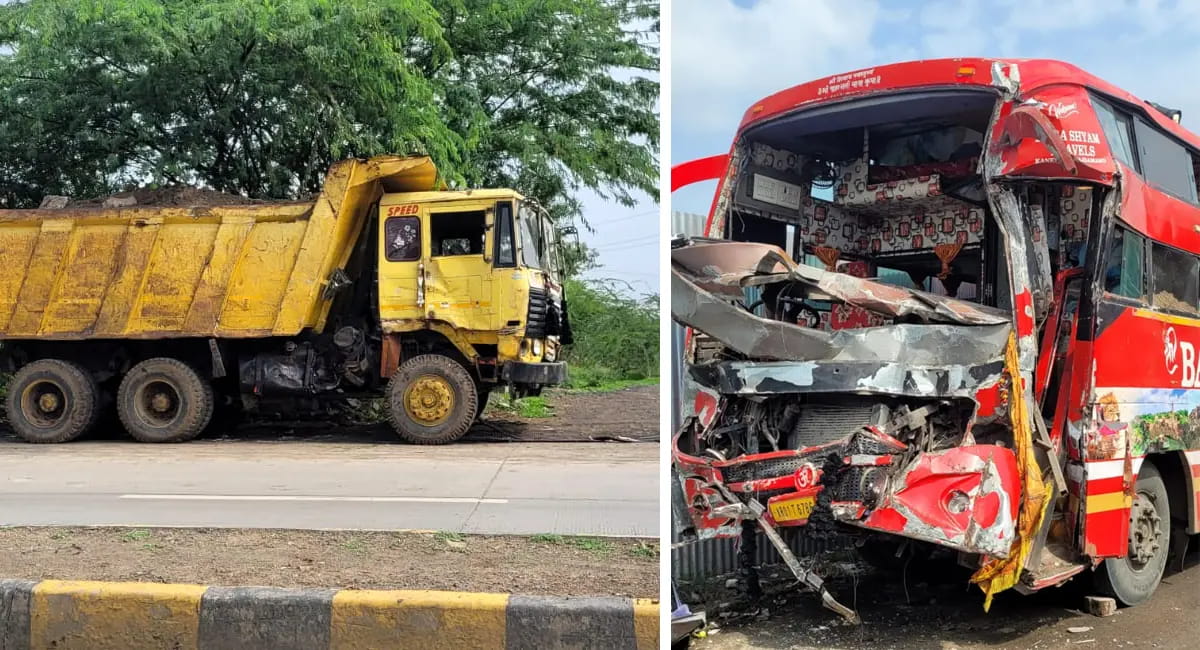 तीर्थयात्रियों से भरी बस डंपर से टकराई, चालक गंभीर घायल; बड़ा हादसा टला