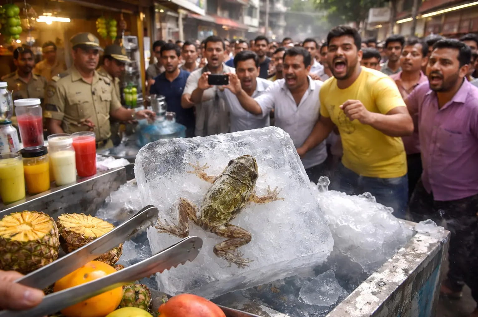 जिस जूस को स्वाद लेकर पी रहे थे, उसके बर्फ में निकला मरा मेंढक...फिर हो गया हंगामा
