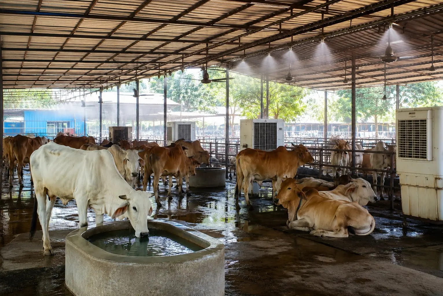 भीषण गर्मी में गोशाला की गायों के लिए कूलर-पंखों के साथ मिस्टिंग की फुहारों से ठंडक