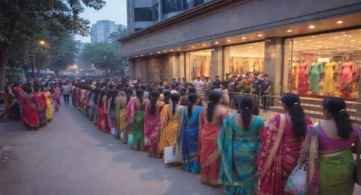 साड़ियों के लिए IPhone जैसा क्रेज, महिलाओं की लंबी लाइन