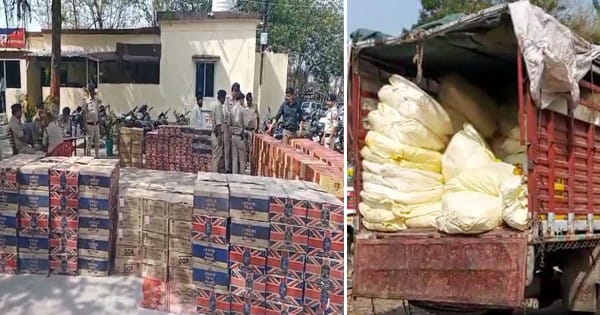 ब्रांडेड अवैध शराब का जखीरा पकड़ा, सुपारी की आड़ में छिपा कर ले जा रहे थे, 20 लाख की शराब बरामद