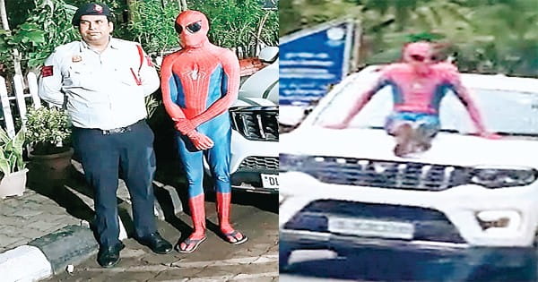 कार के बोनट पर बैठकर घूमा चप्पल पहना स्पाइडरमैन, कटा चालान