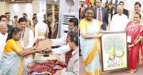 राष्ट्रपति द्रौपदी मुर्मू दो दिवसीय दौरे पर इंदौर पहुंचीं, खरीदी 33 हजार की दो साड़ियां; मृगनयनी एम्पोरियम में कलाकारों से की मुलाकात