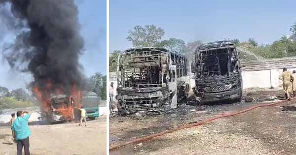 Indore News : पार्किंग में खड़ी दो बसों में लगी भीषण आग, मिनटों में जलकर खाक, फायर ब्रिगेड ने पाया काबू