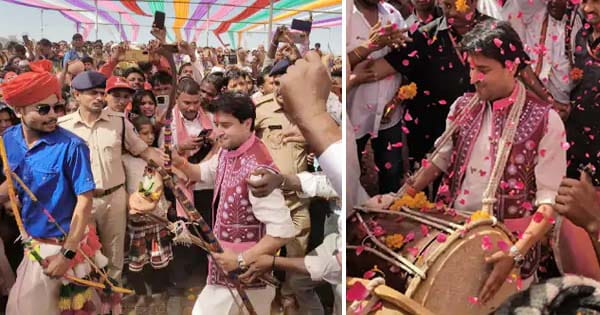 VIDEO : ज्योतिरादित्य सिंधिया का नया अंदाज, आदिवासियों के साथ किया नृत्य, बजाया ढोल और खेली फूलों की होली