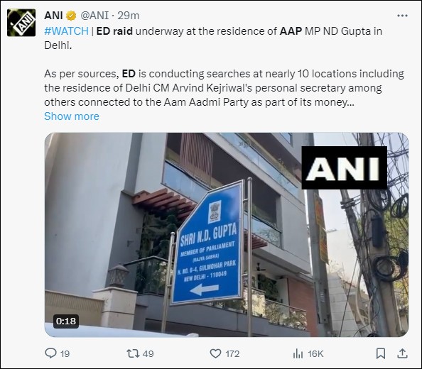 Tweet on ED raid on AAP leaders